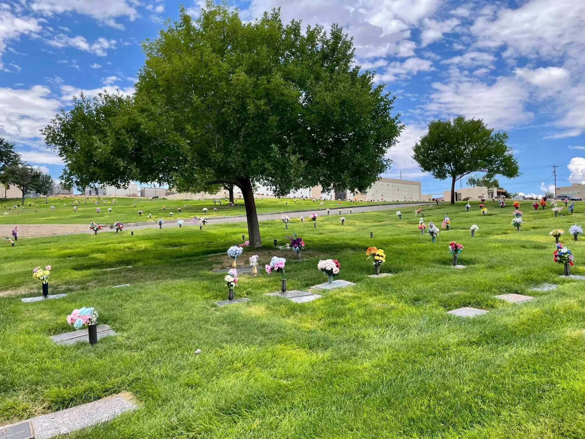 Lush green cemetery with scattered headstones and colorful flowers under a cloudy blue sky, with a large tree in the center.
