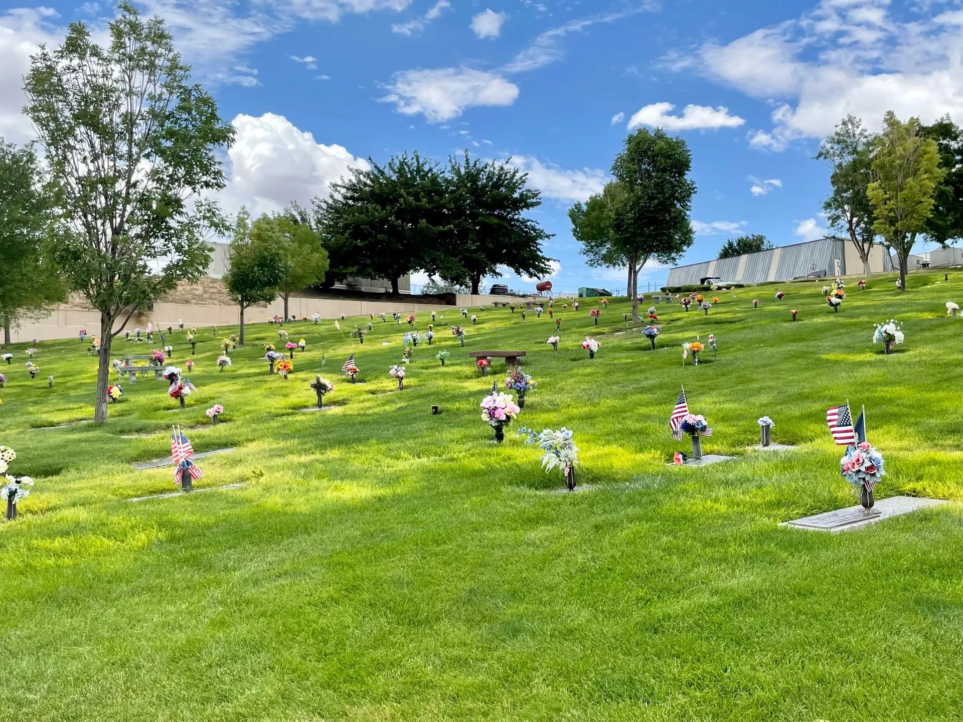 Cemetery on a grassy hillside under a blue sky dotted with clouds, marked with gravestones, flowers, and small trees.
