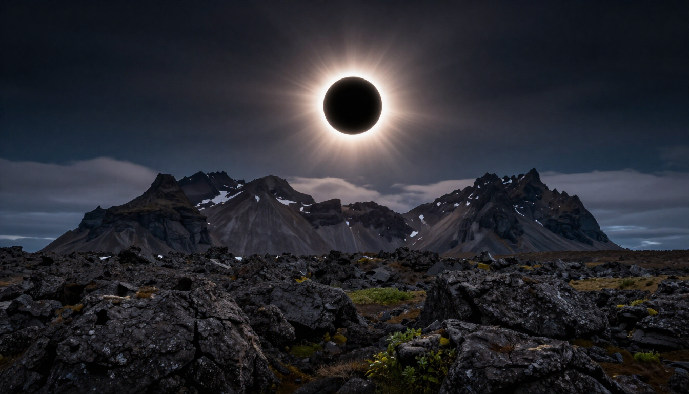Total solar eclipse over Icelandic mountains