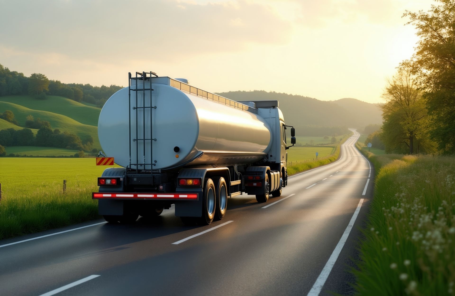 A silver tanker truck travels a scenic countryside road at golden sunset for heating oil delivery.