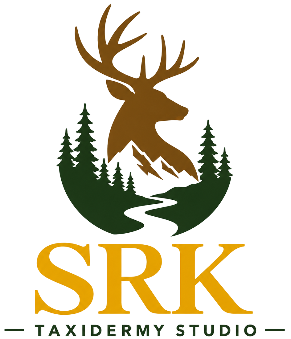 SRK Taxidermy Studio logo with brown deer silhouette, green trees, and gold text