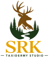 SRK Taxidermy Studio logo with brown deer silhouette, green trees, and gold text