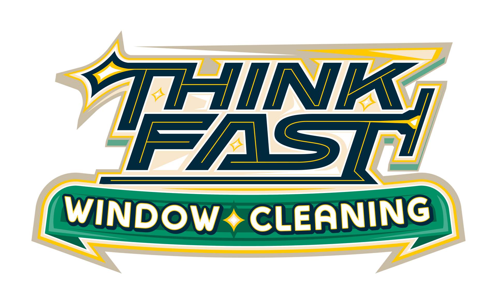 Thinkfast cleaning services logo. Blue and orange buildings with thinkfast cleaning services as the text and company name.