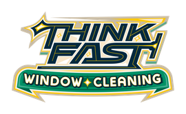 Thinkfast cleaning services logo. Blue and orange buildings with thinkfast cleaning services as the text and company name.