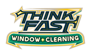Thinkfast cleaning services logo. Blue and orange buildings with thinkfast cleaning services as the text and company name.