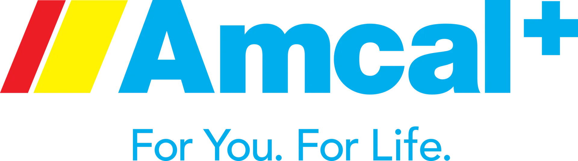 Amcal logo with blue text, red-yellow diagonal stripes, and tagline “For You. For Life.”