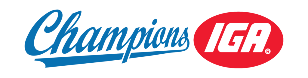 Champions IGA logo in blue script with red oval “IGA” emblem on white background