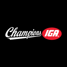 Champions IGA logo in white script and red oval on a black background