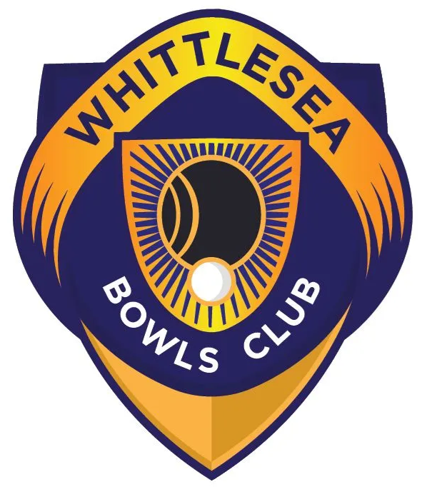 Whittlesea Bowls Club shield logo in navy, gold, and white with bowling jack and bowl icon