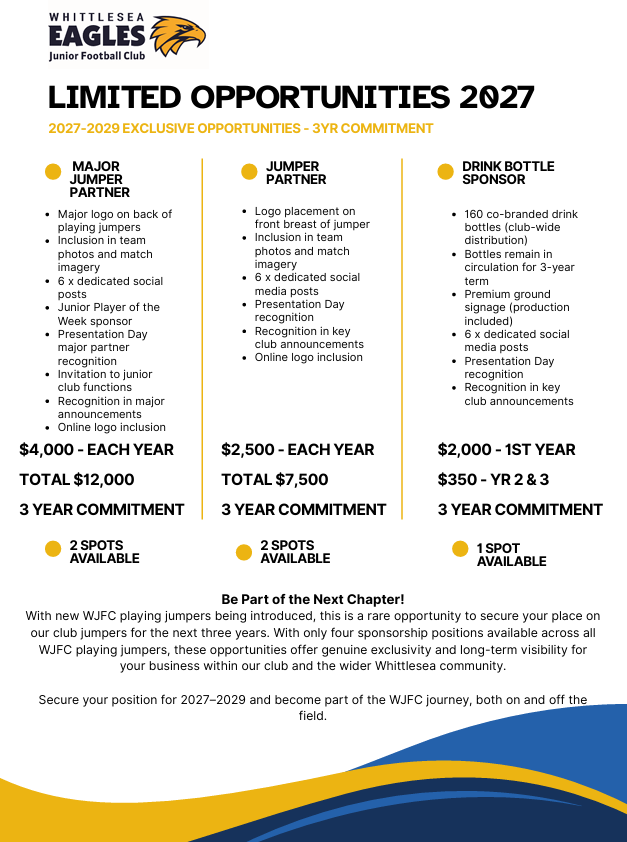 Whittlesea JFC “Team Sponsors Wanted” poster in blue and gold, promoting $800 sponsorship for club support.