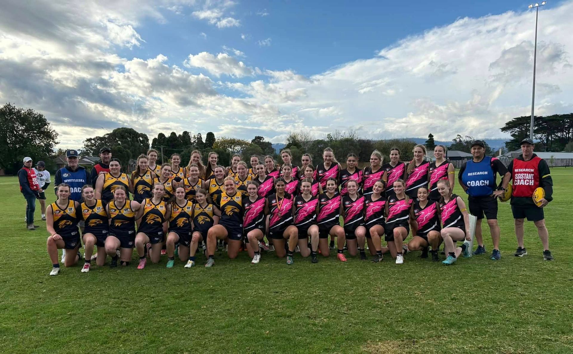 Large sports team posing on a grassy field, split into black-and-yellow and pink-and-black uniforms, with cloudy sky behind.