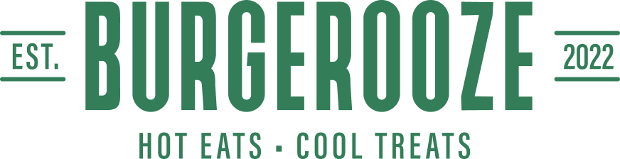 Burgerooze logo with green text, “EST. 2022,” and “Hot Eats • Cool Treats” tagline