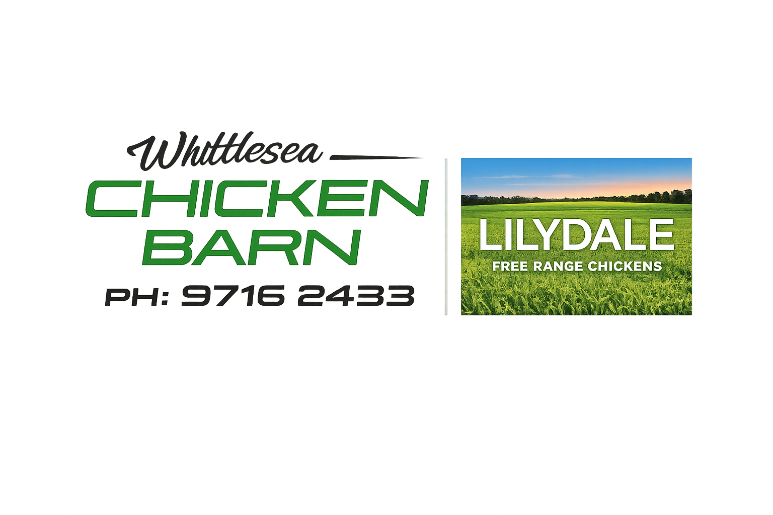 Whitlsea Chicken Barn logo with phone number and LILDALE free-range chickens sign on a white background