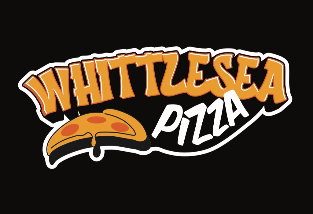 Whittlesea Pizza logo with orange and white text and a pizza slice on a black background