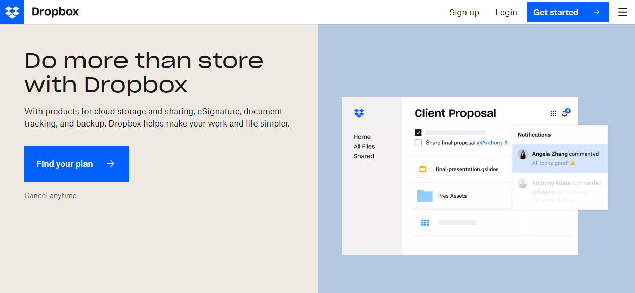 Dropbox landing page example