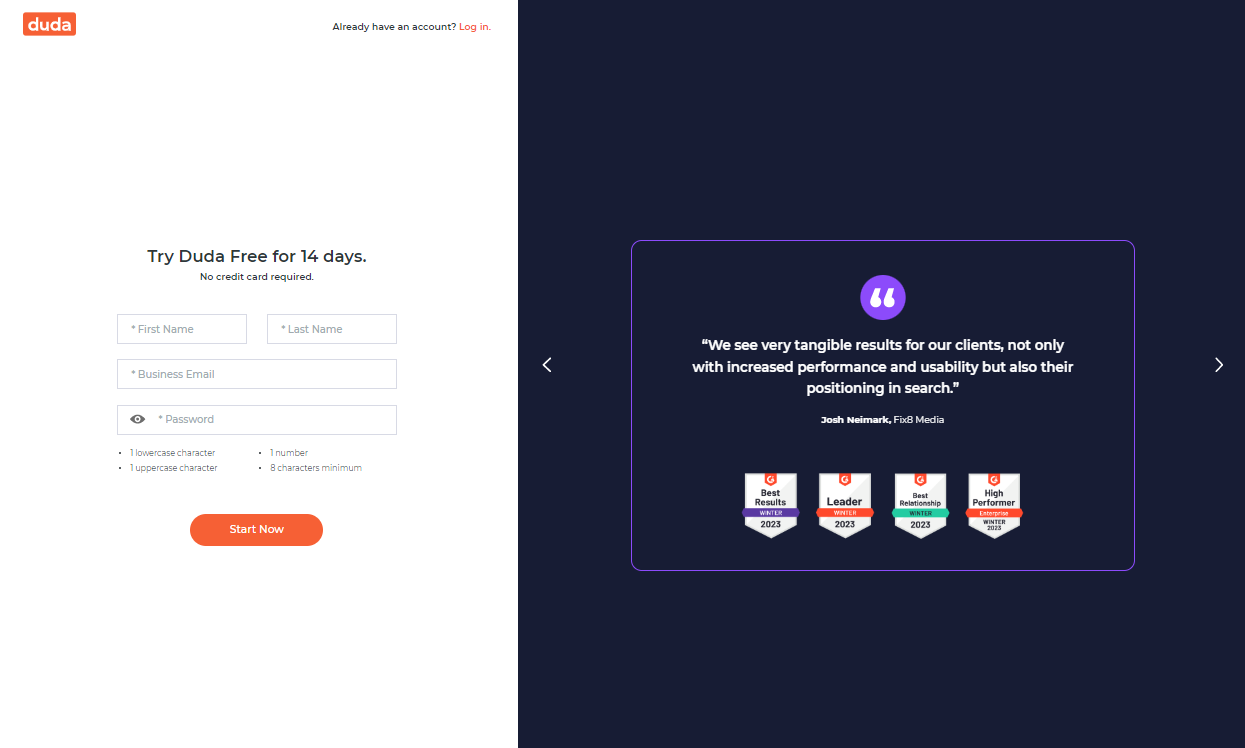 Duda website builder trial landing page