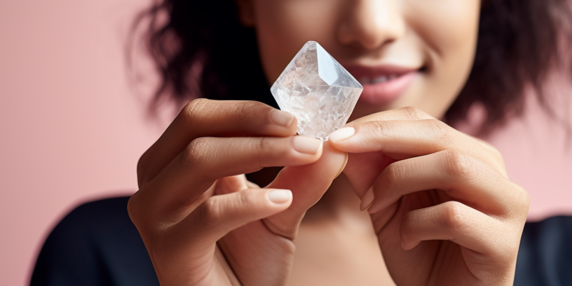 A woman is holding a crystal in her hands and smiling