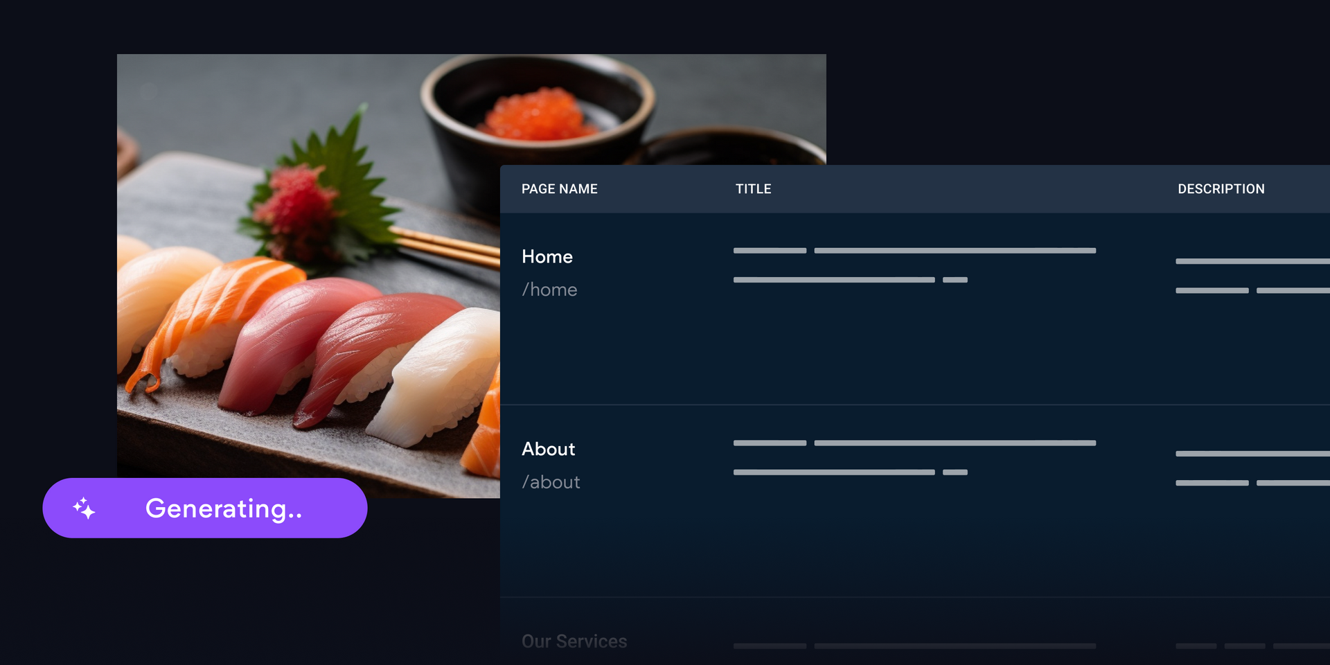 Website pages with titles and descriptions being generated