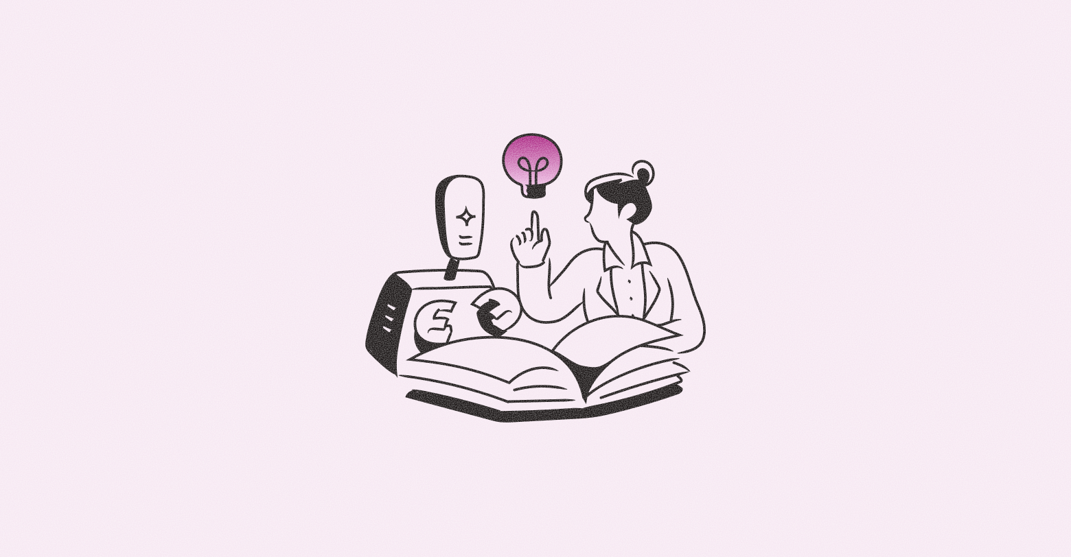 A person and a robot sitting together at an open book with a glowing lightbulb floating above them.