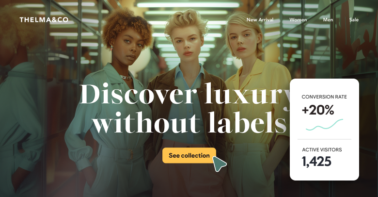 Three women are standing next to each other on a website that says discover luxury without labels.