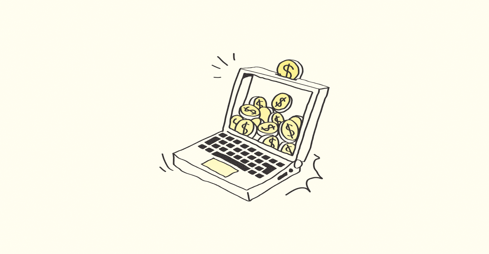 Laptop with coins emerging from screen.
