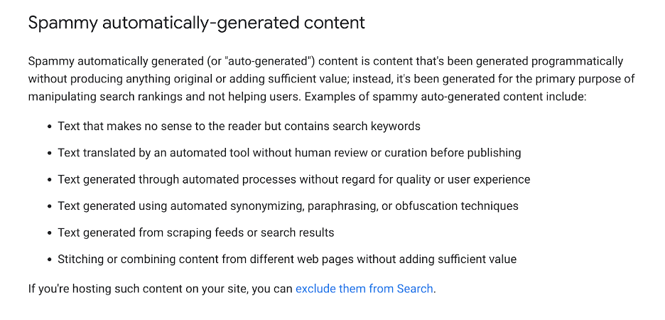 Google's spam policy - screenshot