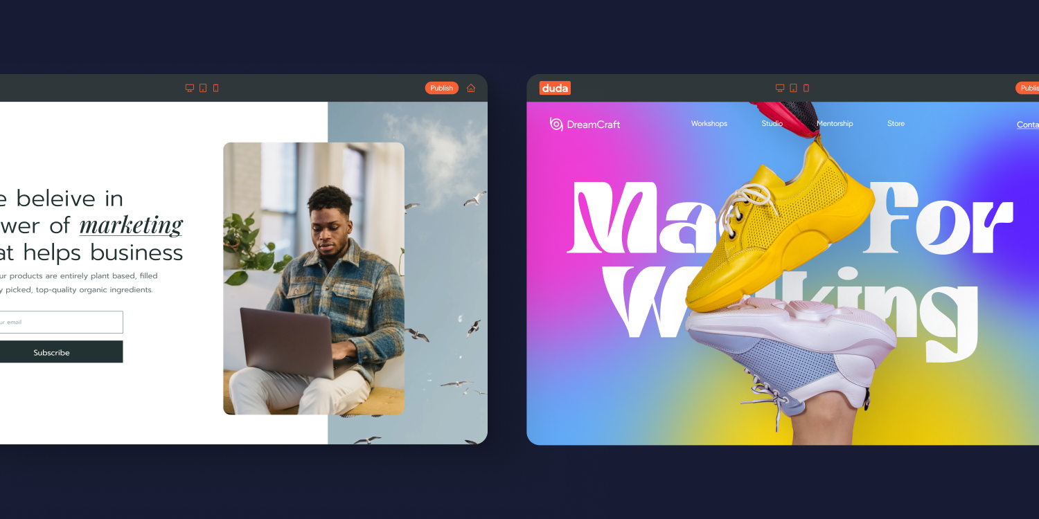 On the right, an exemple of a clean, fuss-free web design. On the left, an example of a colorful website.