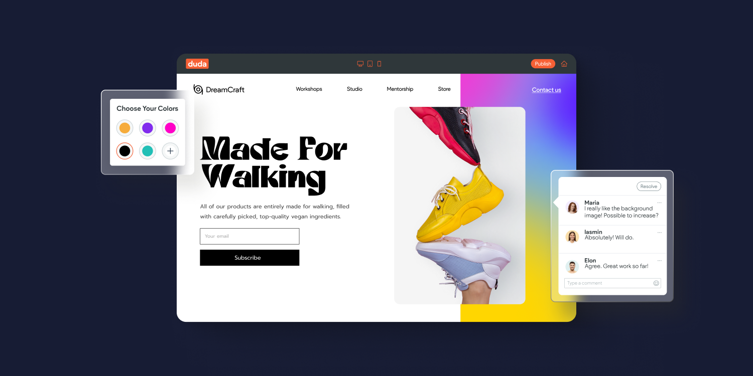An example of a website being created based on a template. The image shows Duda's website editor and how you can choose colors and personalize the template.