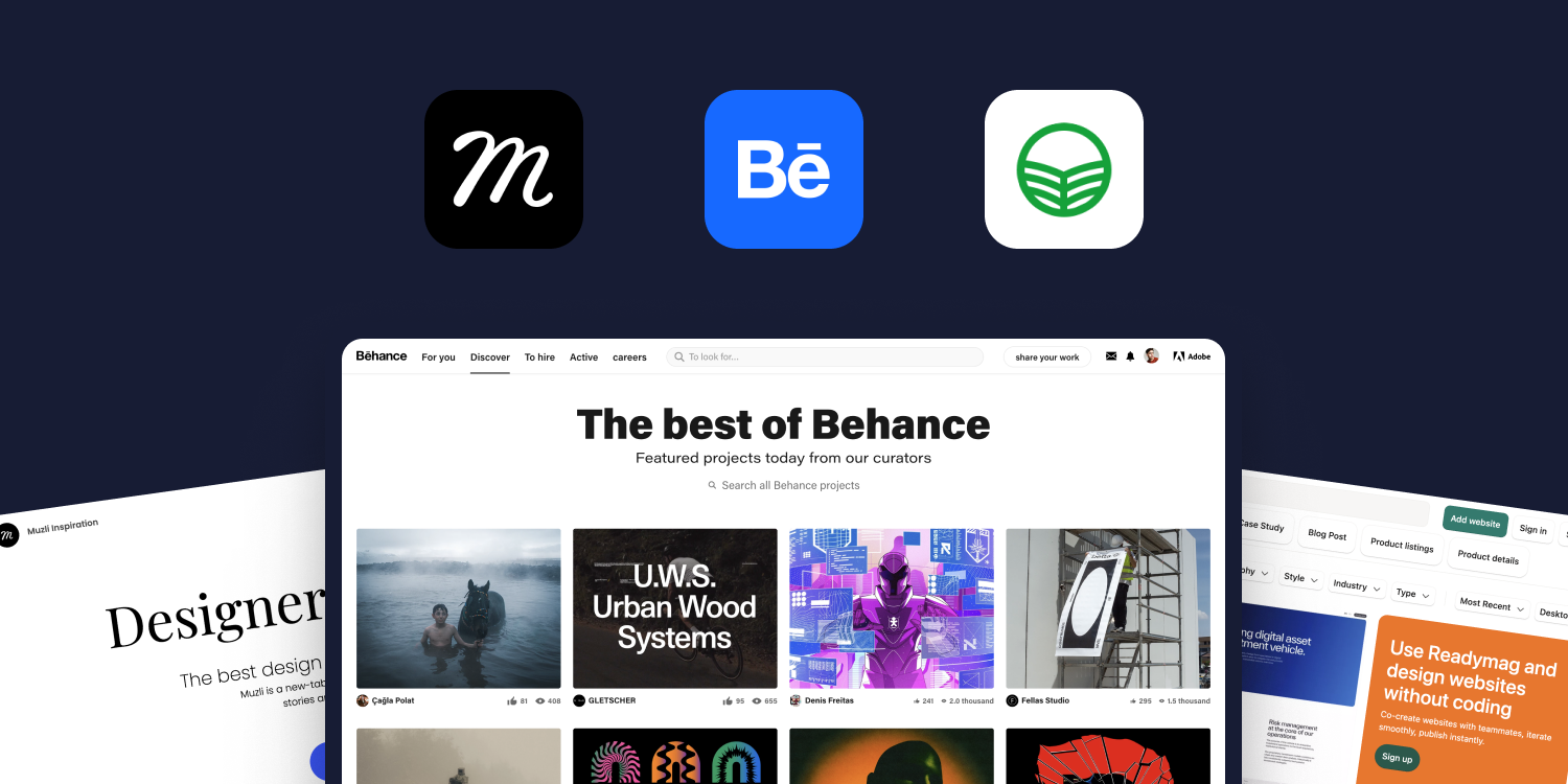 Screenshots and logos of digital platforms where you can find inspiration for creating innovative web designs.
