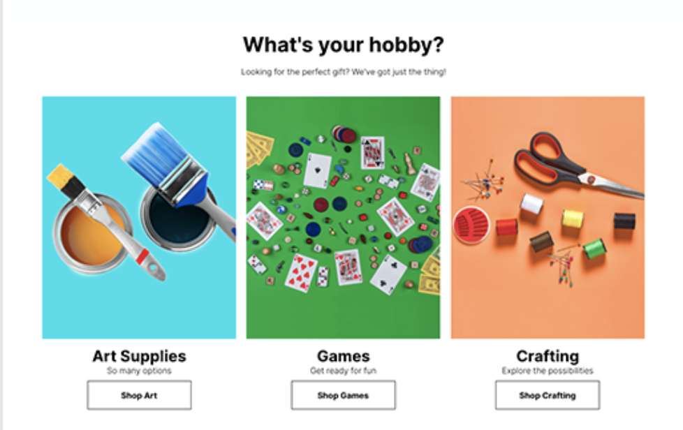 A webpage for  art supplies, games and crafting showing its navigation