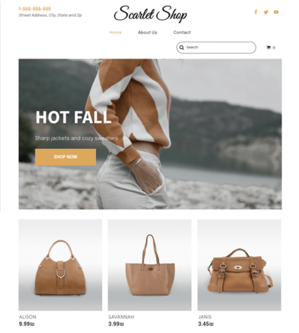 A website for scarlet shop shows a woman wearing a brown and white sweater