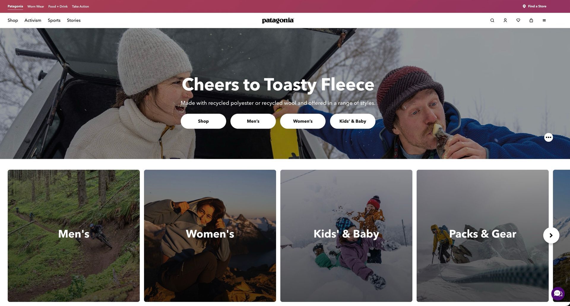 A screenshot of Patagonia’s website