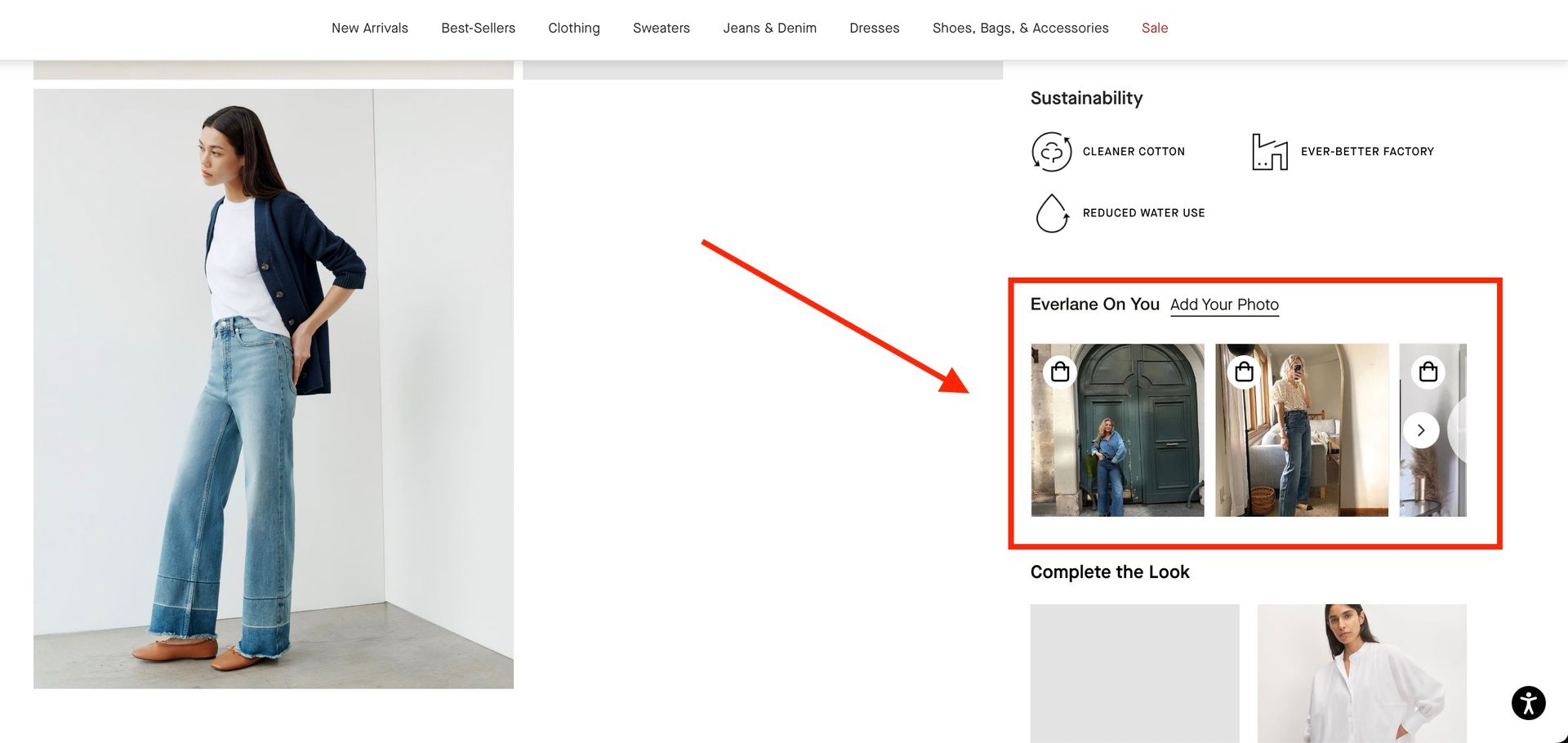 A screenshot of a website showing a woman standing in a room wearing wide-leg jeans and next to her a box with 