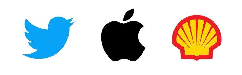 The old Twitter logo, Apple logo, and a shell logo on a white background