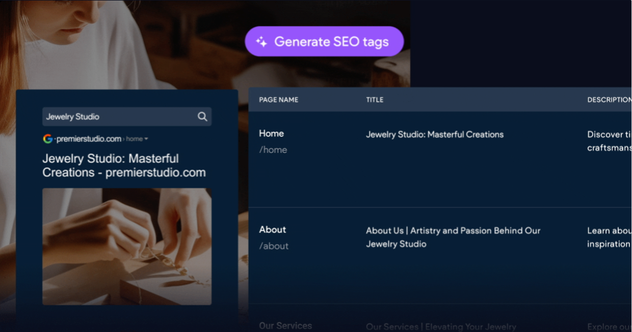 Duda's AI SEO assistant generating seo tags for a jewelry website