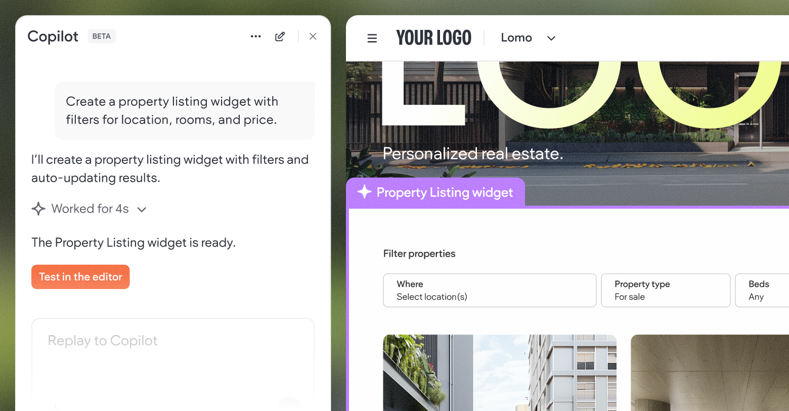 Copilot UI interface with text box and webpage showing property listings.