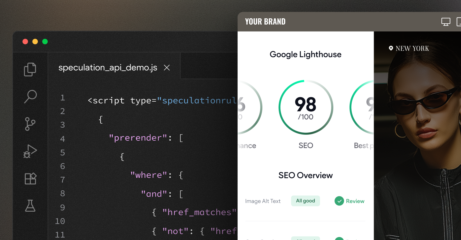 Code editor next to a mobile view with a Lighthouse SEO report and a woman in sunglasses.