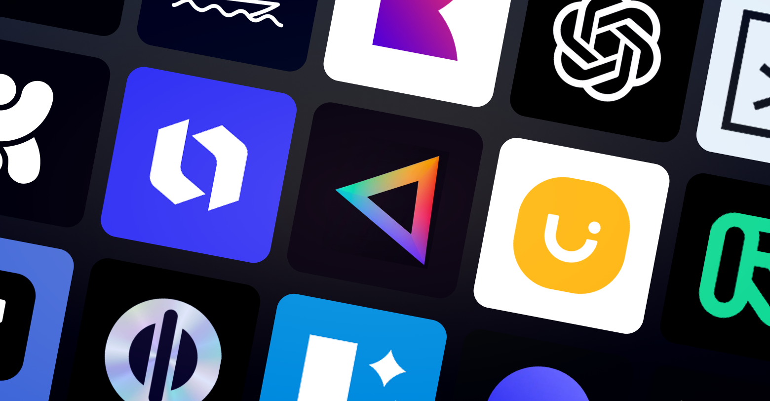A bunch of colorful logos of AI design tools on a black background