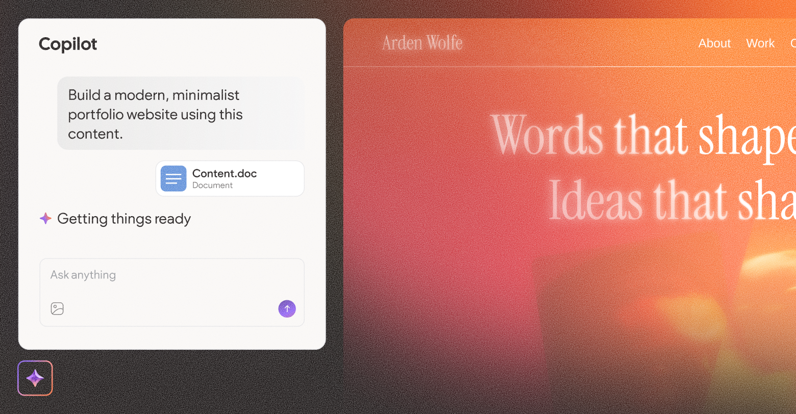 Copilot interface suggests content, next to a website titled