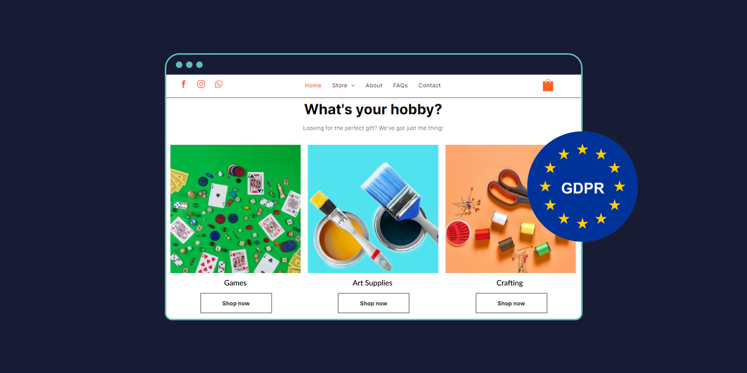 A computer screen displays an ecommerce website and a GDPR stamp