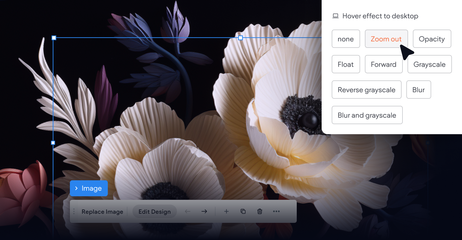 A screenshot of a website with an hover component