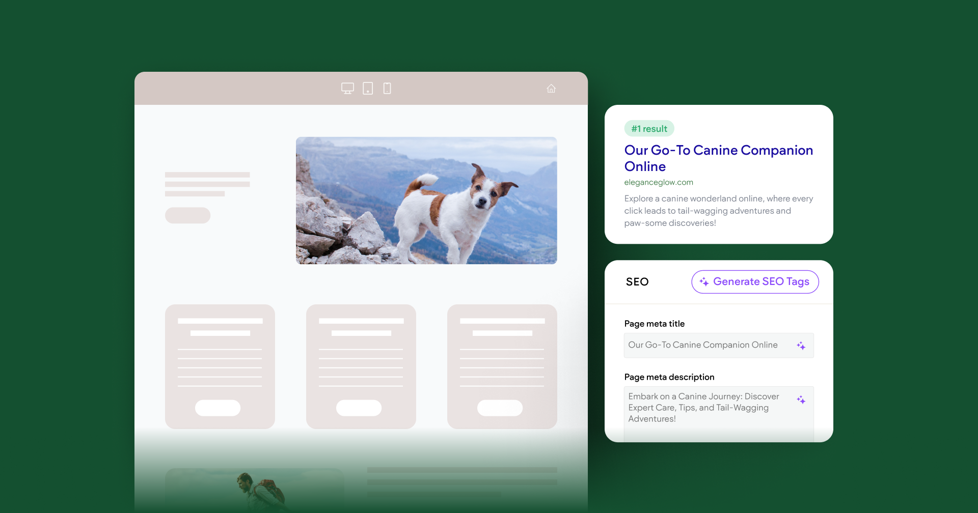 a dog is standing on top of a mountain on a website