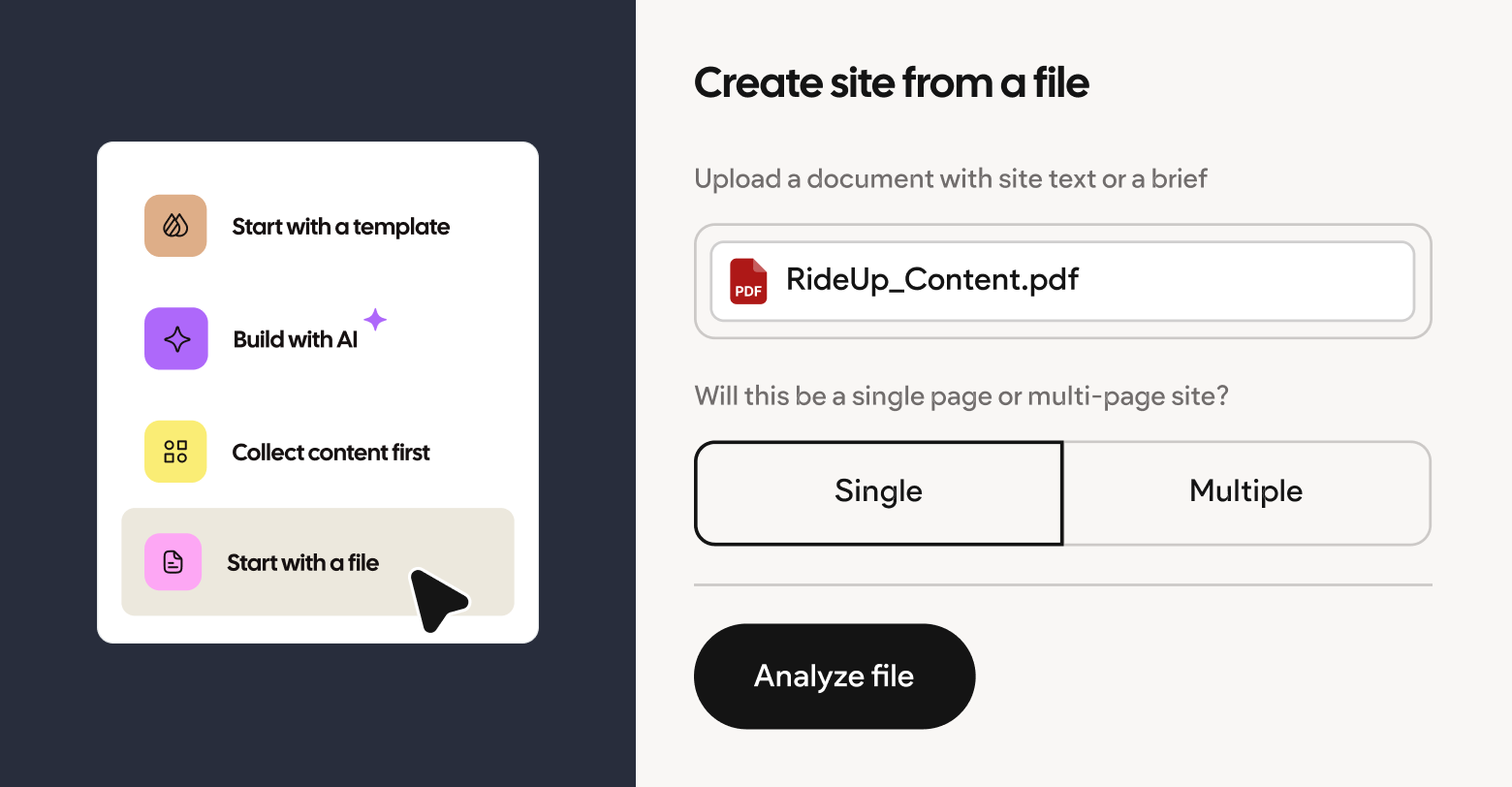 An abstract representation of a single page Duda website being created from a file.