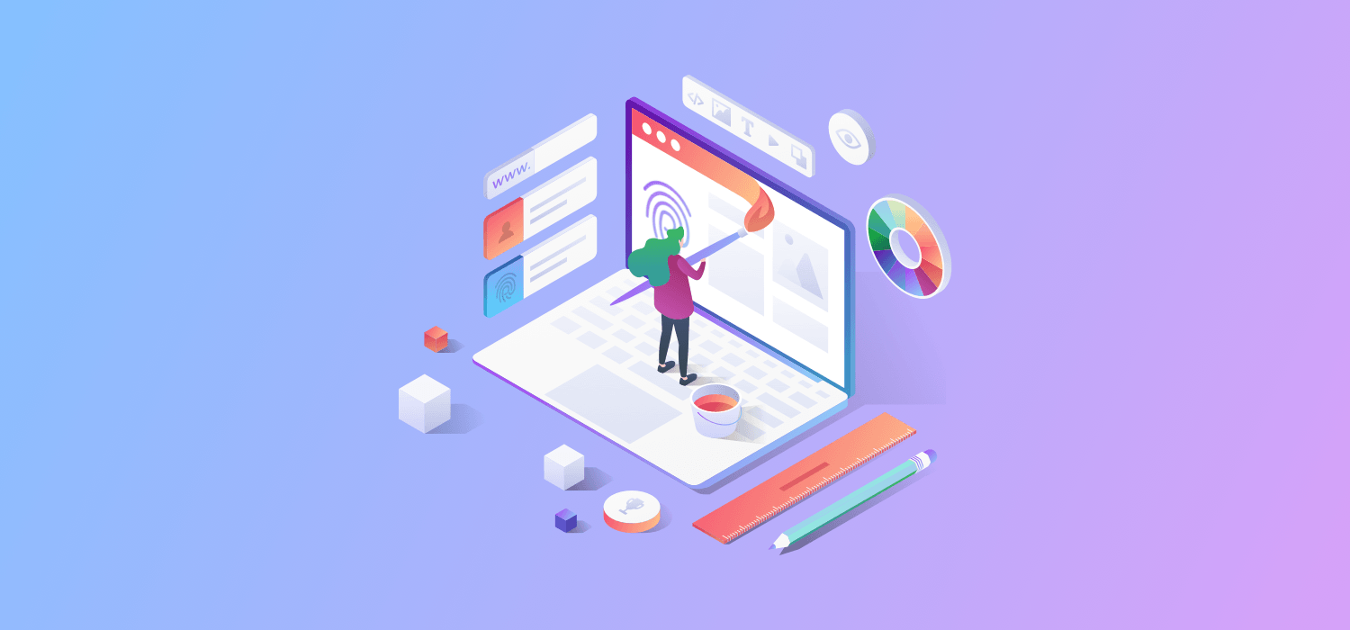 an isometric illustration of a woman standing in front of a laptop and painting