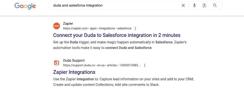 A screenshot of Google's search results page that presents Zapier search results