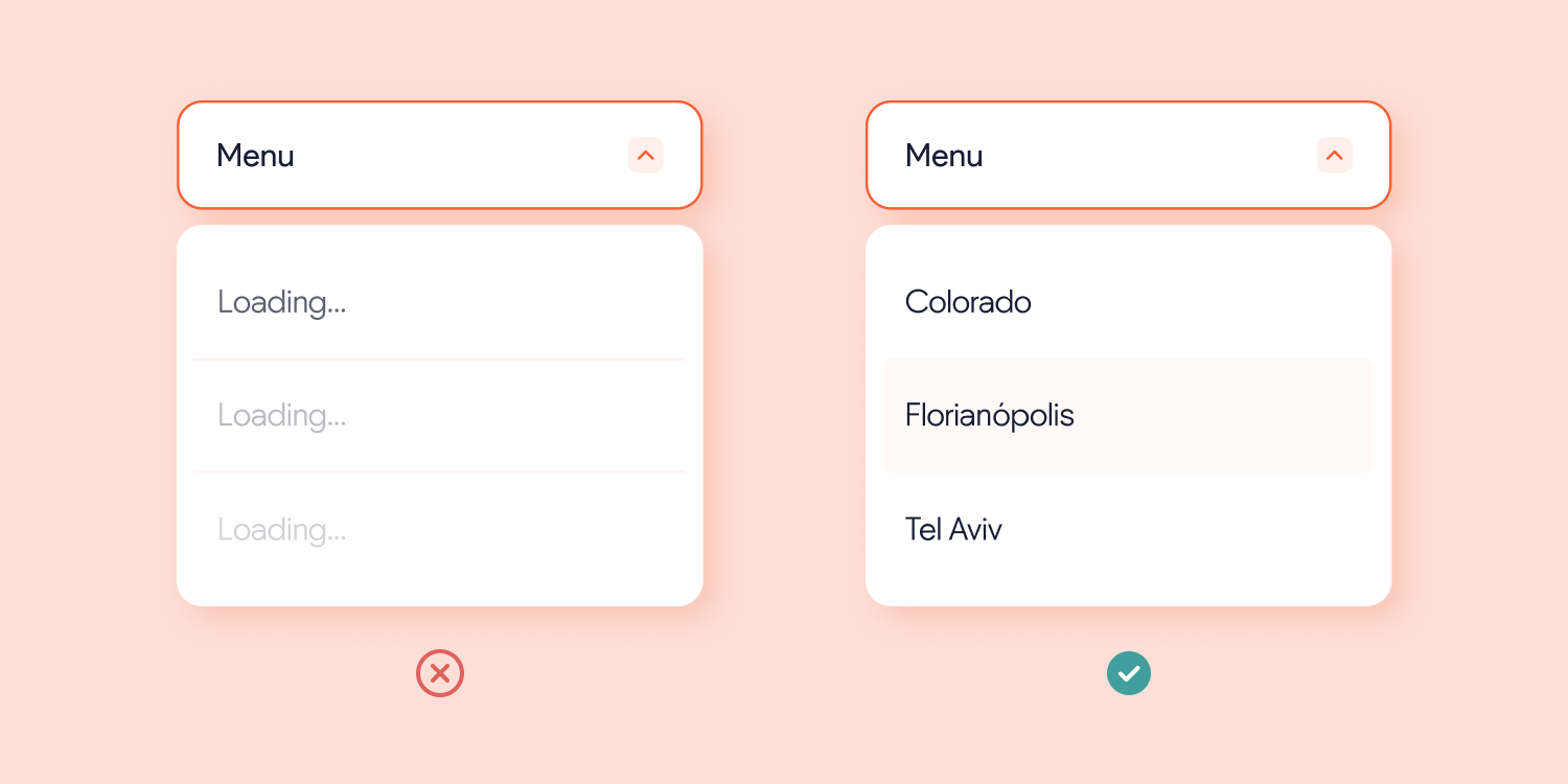 An example of Google's newest Core Web Vital, Interaction to Next Paint (INP). The image depicts two drop down menus. The menu on the left is still loading, and is failing, while the one on the right has loaded and passed.