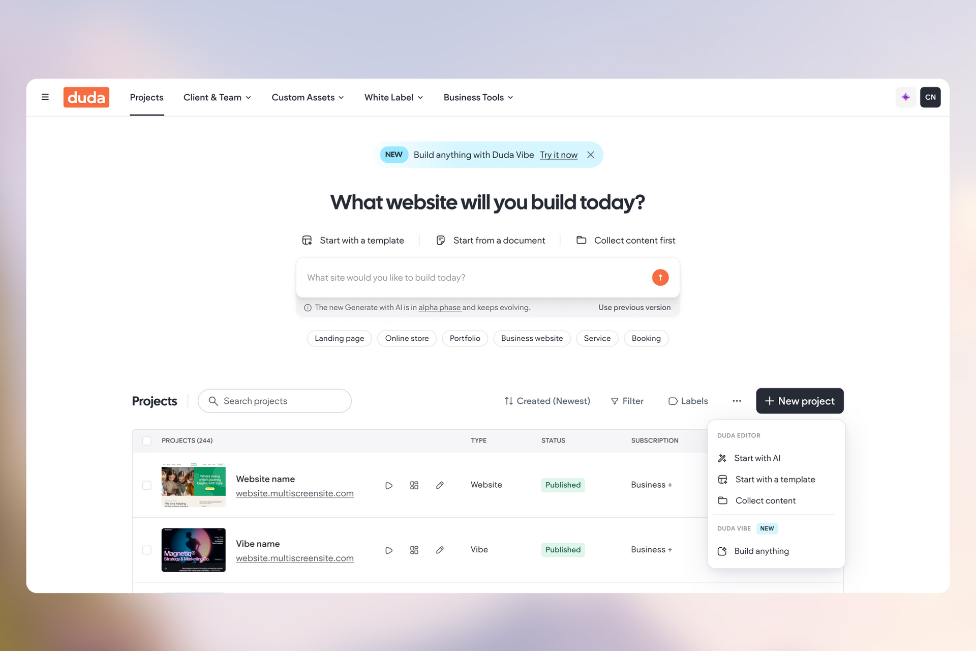 Projects build on Duda Vibe sit alongside websites created in the Editor within the Dashboard.