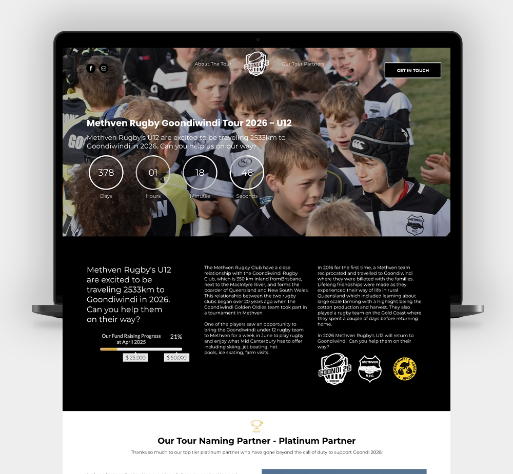 A laptop screen displaying a fundraising website for the Methven Rugby Under 12 team tour, featuring team photos and stats.