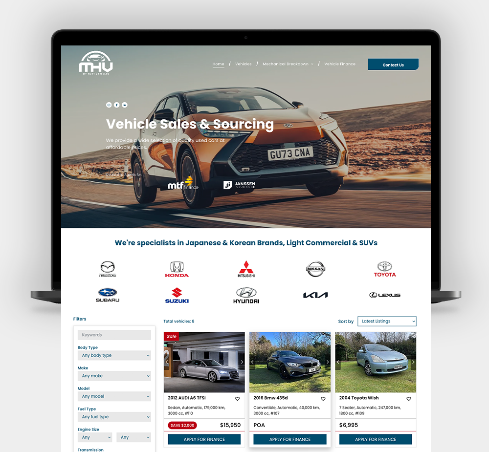 A laptop displaying the MHY Vehicles website, featuring vehicle sales, brand logos, and car search listings.