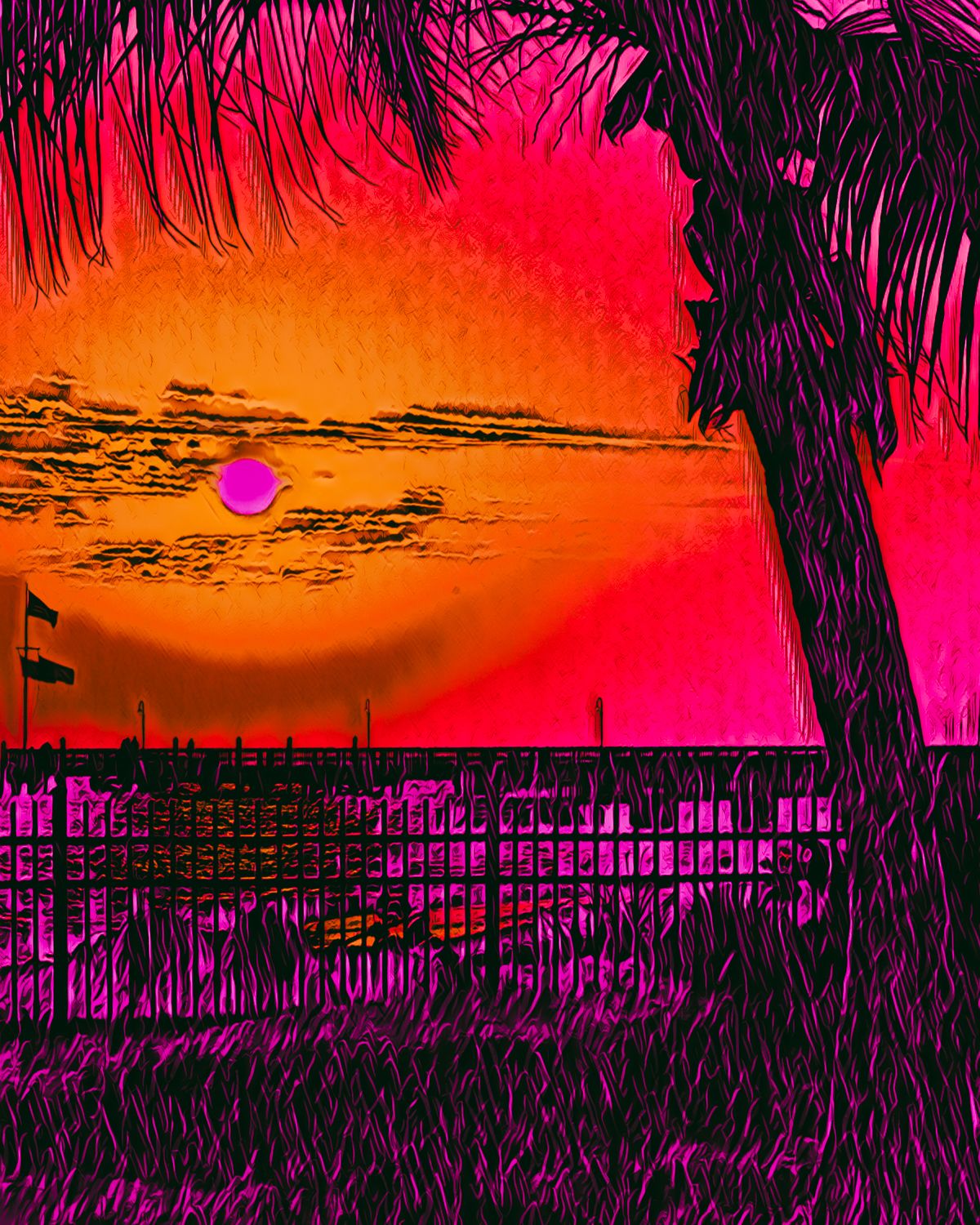 A painting of a sunset with a palm tree in the foreground.